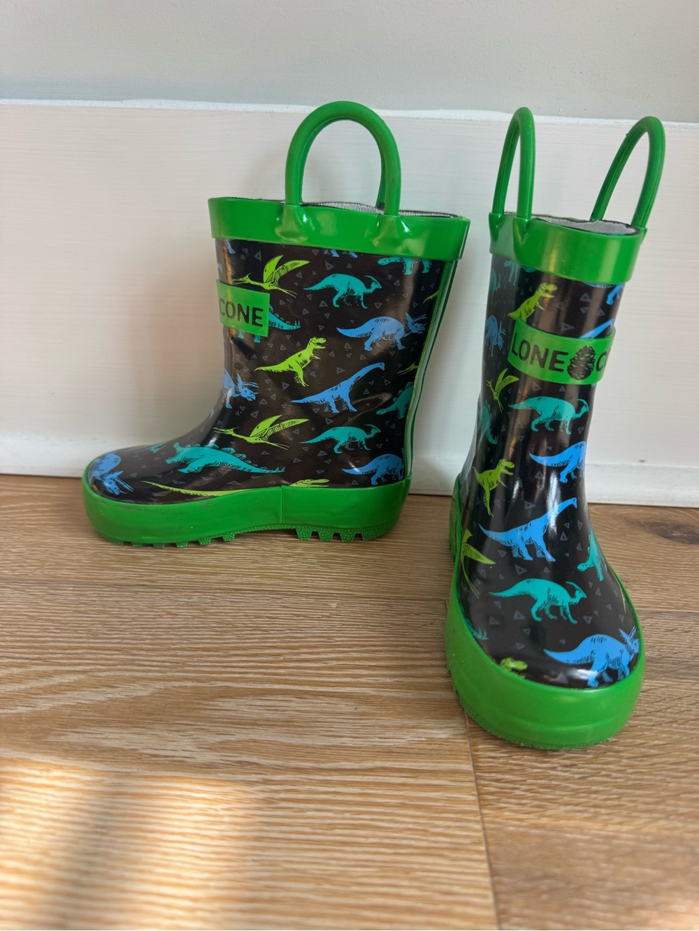 Kids Green Dinosaur Rain & Snow Boots with Easy Pull Handles